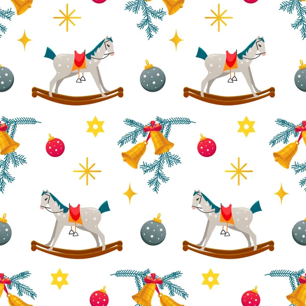 Christmas Pattern Childish Rocking Horses White Background Christmas Bells Pine — Vetor de Stock