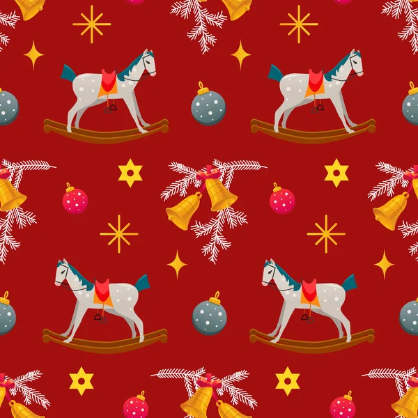 Christmas Pattern Childish Rocking Horses Red Background Christmas Bells Pine — стоковый вектор