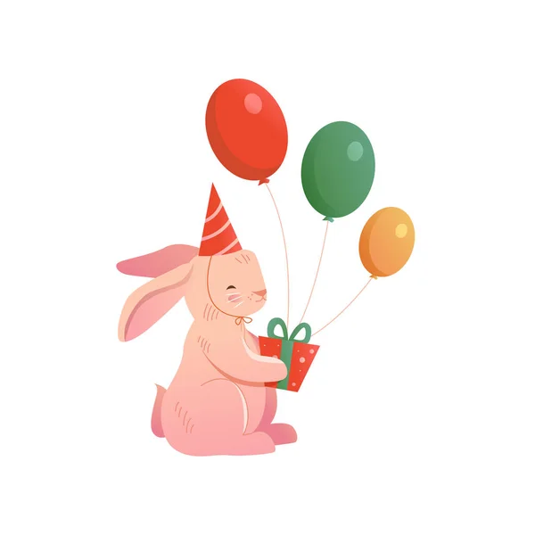 Cute Bunny Holding Gift Box Balloons Isolated White Background Vector — Stockvektor