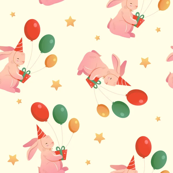 Seamless Pattern Cute Bunny Gift Box Balloons Stars Happy Birthday — Stockvektor