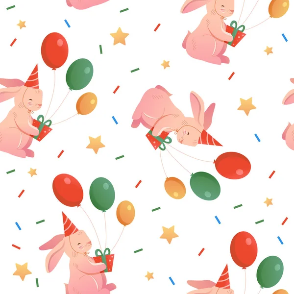 Seamless Pattern Cute Bunny Gift Box Balloons Stars Onfetti Happy — Stockvektor