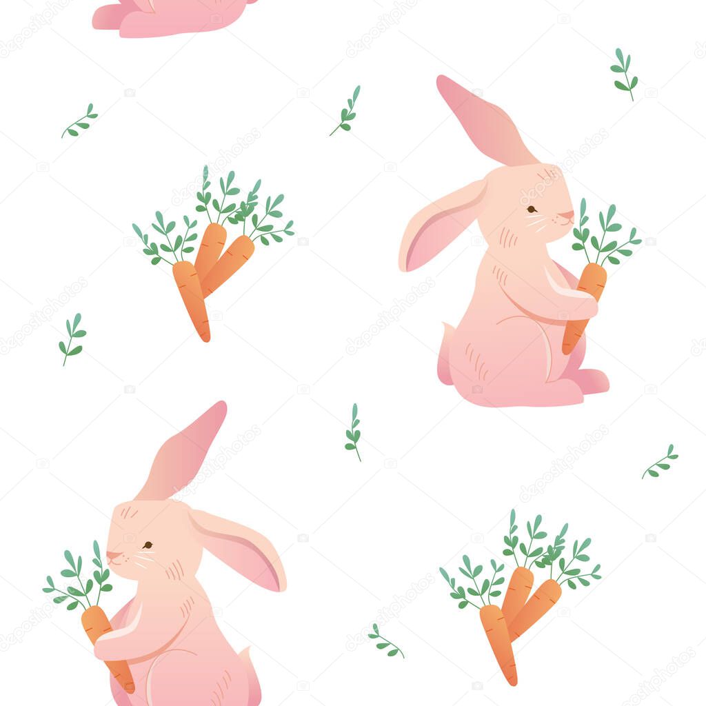 Seamless Childish Woodland Pattern with Bunny or Rabbit and Carrot. Kids Texture for Wallpaper, Wrapping, Fabric, Textile. Easter background on white.