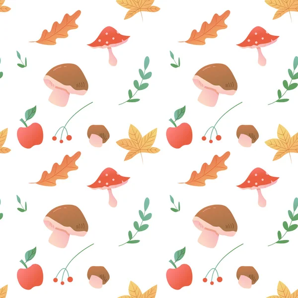 Seamless Autumn Pattern Leaves Mushrooms Apple White Background Perfect Wallpaper — Vettoriale Stock