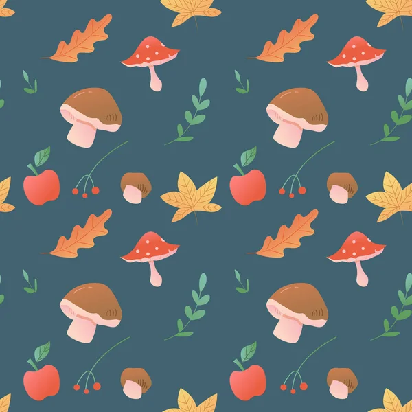 Vector Seamless Colorful Autumn Natural Pattern Leaves Mushrooms Apple Blue — Stockvektor