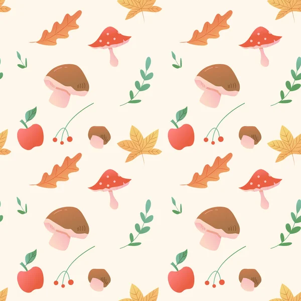 Vector Seamless Colorful Autumn Natural Pattern Leaves Mushrooms Apple Yellow — Vettoriale Stock