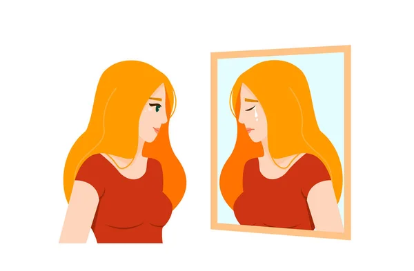 Концепція Біполярного Розладу Жінка Дивиться Сумне Плаче Відображення Дзеркалі Молода — стоковий вектор