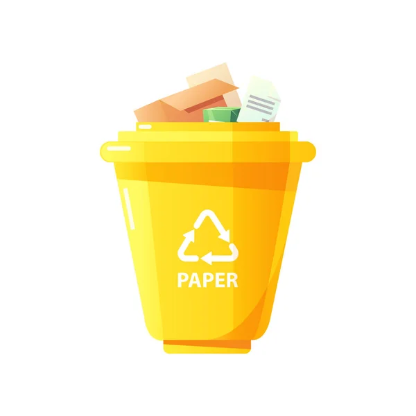 Yellow Container Sorting Paper Isolated White Trash Can Paper Waste — Stok Vektör