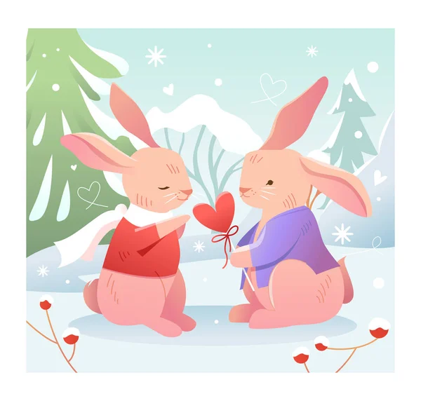 Bunny Dává Srdíčko Pár Zamilovanej Roztomilá Postava Design Plakátů Nebo — Stockový vektor