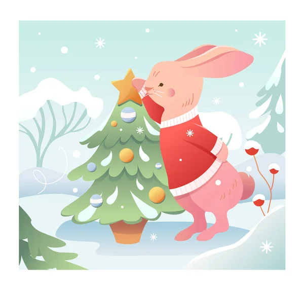 Bunny Decorating Christmas Tree Merry Christmas Happy New Year Winter — Stock Vector