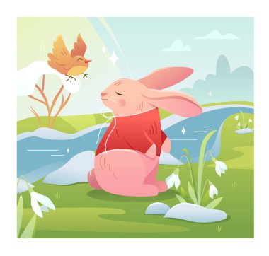 Kuşlu ve çiçekli tavşan. Bahar karakteri dışarıda. Kar damlaları. Çizgi film tarzında şirin mevsimsel vektör çizimi.