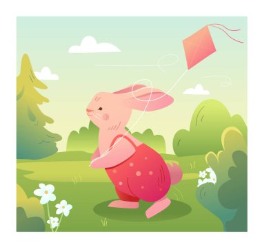 Uçurtmayla uçan sevimli tavşan. Bahar Karakteri Açık Hava. Çizgi film tarzında mevsimsel vektör illüstrasyonu.