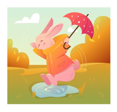 Şemsiyeli şirin tavşan su birikintisine atlıyor. Sonbahar Karakteri Açık Hava. Çizgi film tarzında mevsimsel vektör illüstrasyonu.