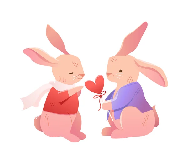 Roztomilý Pár Zamilovaných Králíků Izolovaných Bunny Dává Srdíčko Design Plakátů — Stockový vektor