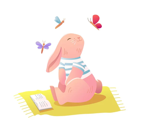 Roztomilý Bunny Sedí Čte Knihu Izolovanou Letní Kreslený Postava Venku — Stockový vektor