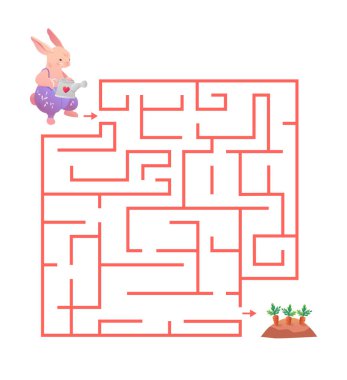 Vektör rengi labirent. Tatli bir tavsanla egitici labirent, onu sulamak için havuç ariyor. Çocuklar ve gençler için ilginç bir oyun..