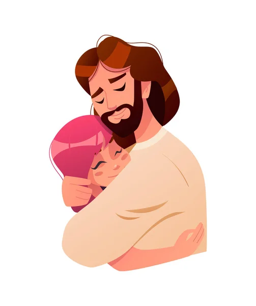 Jésus Embrasse Enfant Isolé Sur Fond Blanc Petite Fille Est — Image vectorielle