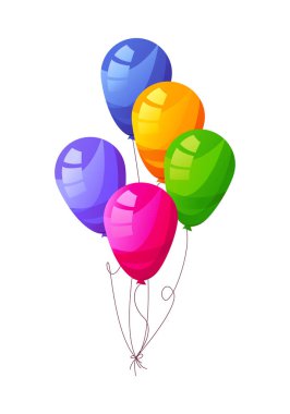Parlak balonlar, pembe, yeşil, mavi ve sarı balonlar beyaz arka planda. Doğum günü kutlamaları, bebek partisi, büyük açılış konsepti. Çizgi film tarzında vektör illüstrasyonu.
