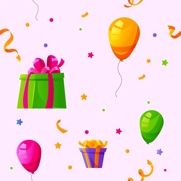 ピンクの背景にヘリウムバルーン ギフトやコンフェッティと祭りのシームレスなパターン 誕生日の挨拶 ベビーシャワー 壮大なオープニングお祝いのコンセプト 漫画風のベクトルイラスト — ストックベクタ