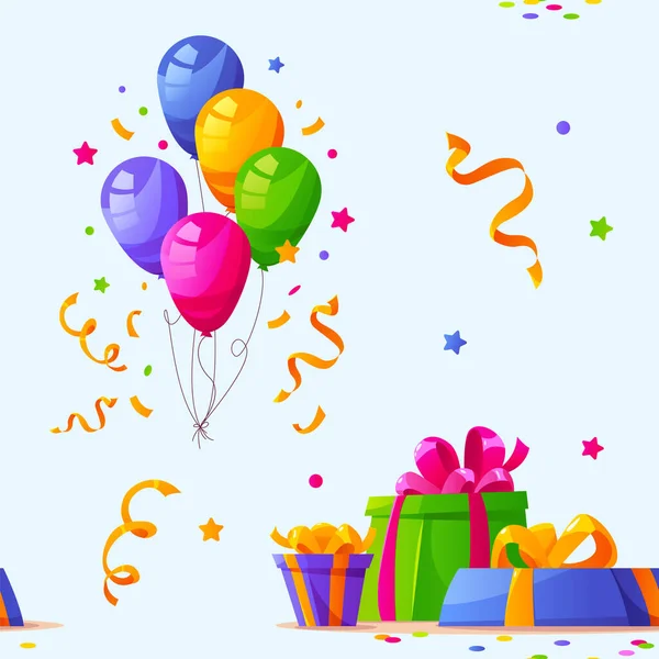 Nahtloses Muster Mit Geburtstagsgeschenken Konfetti Und Bunten Luftballons Auf Hellblauem — Stockvektor