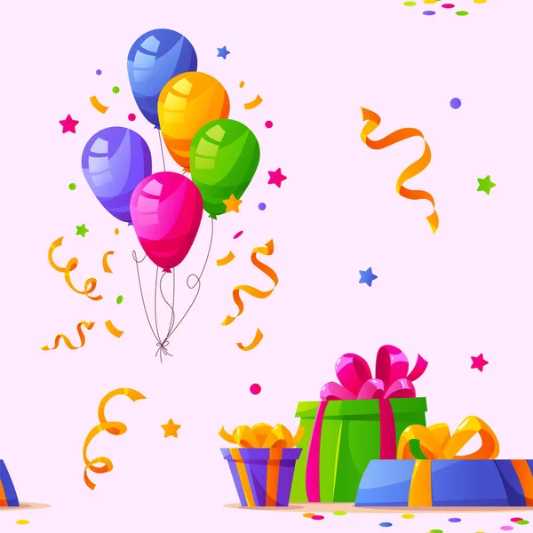 Nahtloses Muster Mit Geburtstagsgeschenken Konfetti Und Bunten Luftballons Auf Rosa — Stockvektor