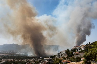Atina, Yunanistan, 03 Ağustos 2021: Atina 'nın kuzeyindeki Varympompi bölgesinde büyük çaplı bir yangının panoramik görüntüsü. Kalın duman pirokümülüs fenomenini gösteriyor.. 