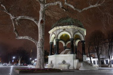 The German Fountain is located on the Sultanahmet Square also known as the Square of Sultan Ahmed in Istanbul. There is large old tree with a pale bark close to the fountain. Night in Istanbul.