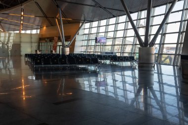 Moscow, Vnukovo Airport (VKO). March 1, 2020. A lot of seats in the airport's international terminal are completely empty. There are no passengers at the airport and no shops visitors.