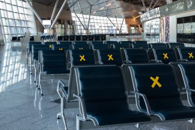 Moscow, Vnukovo Airport (VKO). March 1, 2020. A lot of seats in the airport's international terminal are completely empty. There are no passengers at the airport and no shops visitors.