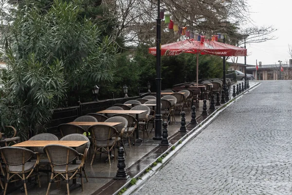 Istanbul, Adalar, Turkey 1 May 2021. Empty outdoor cafe during the pandemic lockdown. Turkish tourism is ruined without tourists. No people everywhere include restaurants, sightseeing, landmarks.
