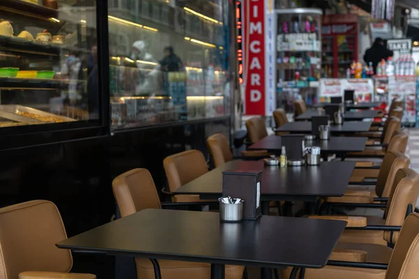 Istanbul, Adalar, Turkey 1 May 2021. Empty outdoor cafe during the pandemic lockdown. Turkish tourism is ruined without tourists. No people everywhere include restaurants, sightseeing, landmarks.