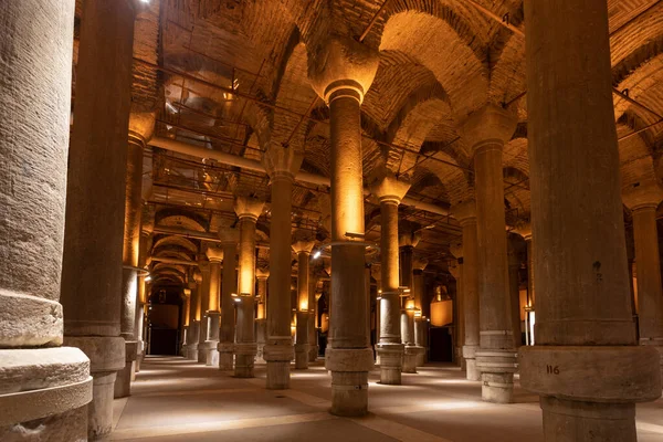 Istanbul, Turkey 3 March 2021. This is the interior of the Basilica Cistern. A lot of stone columns are installed to the ceiling, where they form arches. The columns are slightly lighted.