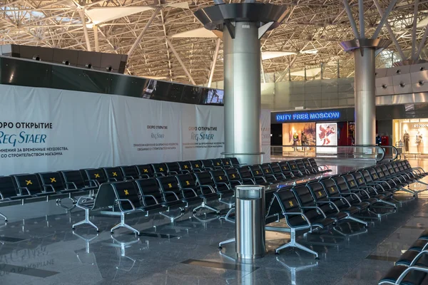 Moscow, Vnukovo Airport (VKO). March 1, 2020. A lot of seats in the airport's international terminal are completely empty. There are no passengers at the airport and no shops visitors.