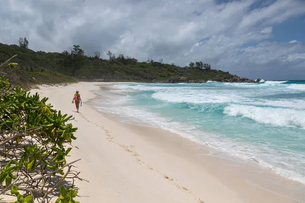 A young lonely girl walks in the distance along a deserted beach. The sand is snow-white, washed by the turquoise water of the Indian Ocean. The air is filled with the splashes of the surf.
