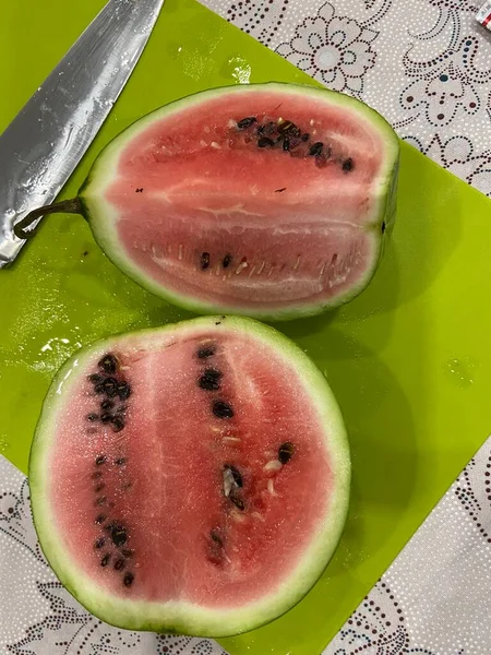 Vattenmelonskivor Skivade Söt Frukt Med Frön — Stockfoto