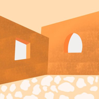 Pencereli binalar. beton desenli turuncu duvar. duvarcılık