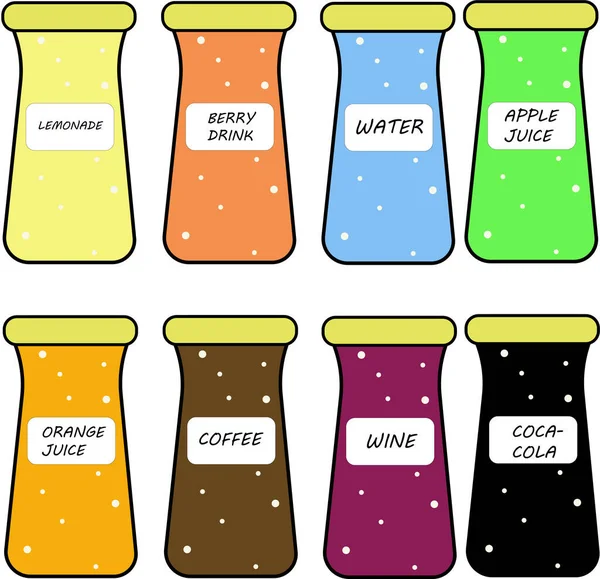 Напитки Баре Разные Бутылки Вода Кола Сок Лимонад Вино Кофе — стоковый вектор