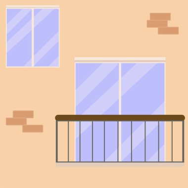 Balkon ve pencereler tuğla bej bir evde.