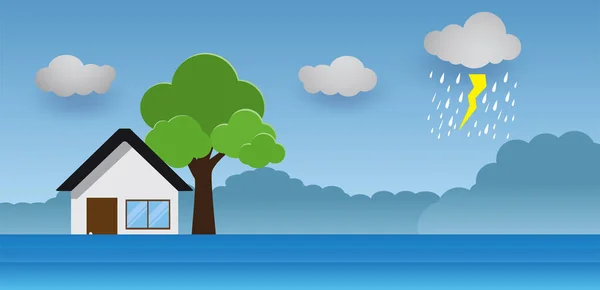 Dilúvio Desastre Natural Com Casa Chuva Pesada Tempestade Danos Com — Vetor de Stock