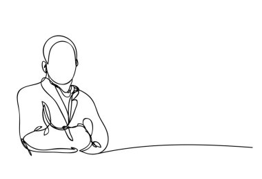 Ayakta duran iş adamı, Düşünen fikirler, Pazarlama Konsepti, sürekli çizgi çizimi, vektör tasarımı