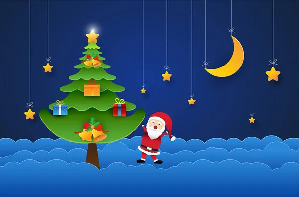 Άγιος Βασίλης Ευτυχισμένο Νέο Έτος Χριστουγεννιάτικο Δέντρο Αστέρια Στον Ουρανό — Διανυσματικό Αρχείο