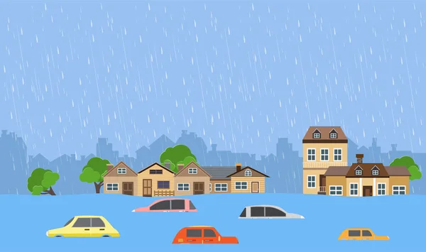 Inondation Catastrophe Naturelle Avec Maison Forte Pluie Tempête Dommages Maison — Image vectorielle