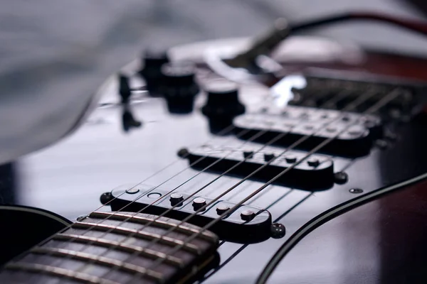 Guitarra Elétrica Close Fundo Usado Para Tocar Música Notas Para — Fotografia de Stock