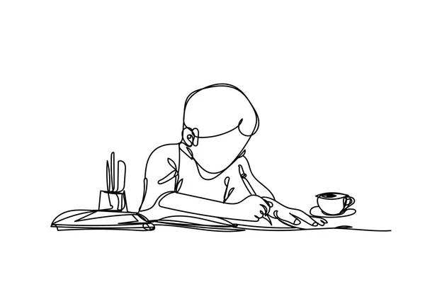 Hombre Escribiendo Libro Con Una Taza Café Dibujo Línea Continua — Archivo Imágenes Vectoriales