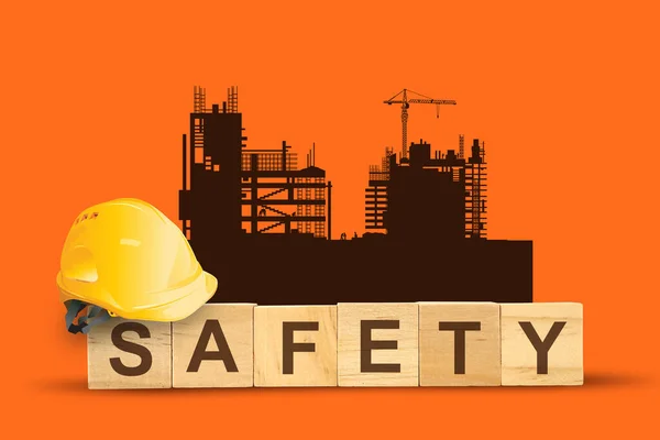 Biztonsági Szó Betűk Kocka Építési Koncepció Sárga Biztonsági Kemény Kalap — Stock Fotó