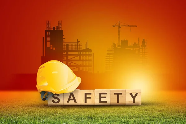Safety Word Letters Cube Construction Concept Yellow Safety Hard Hat — Stock Photo, Image