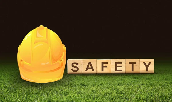 Safety Word Letters Cube Construction Concept Yellow Safety Hard Hat — Stock Photo, Image