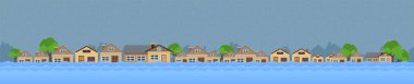 Flood natural disaster with house, heavy rain and storm , damage with home, clouds and rain, flooding water in city, Horizontal banner.