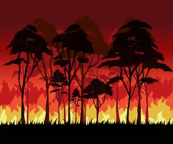 Forest Fire Burning Trees Wildfire Night Vector Design — стоковый вектор