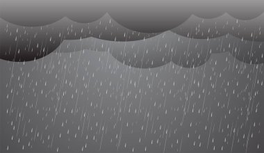 Karanlık gökyüzünde sağanak yağış, yağmur mevsimi, bulutlar ve fırtına, hava durumu, doğal afet seli, vektör illüstrasyonu.