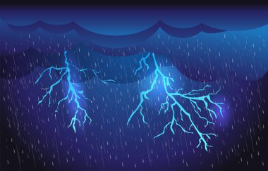 Karanlık gökyüzünde sağanak yağış, şimşek ve bulutlar, yağmur mevsimi, şimşek fırtınası, sel, doğal afet, hava durumu, vektör illüstrasyonu.